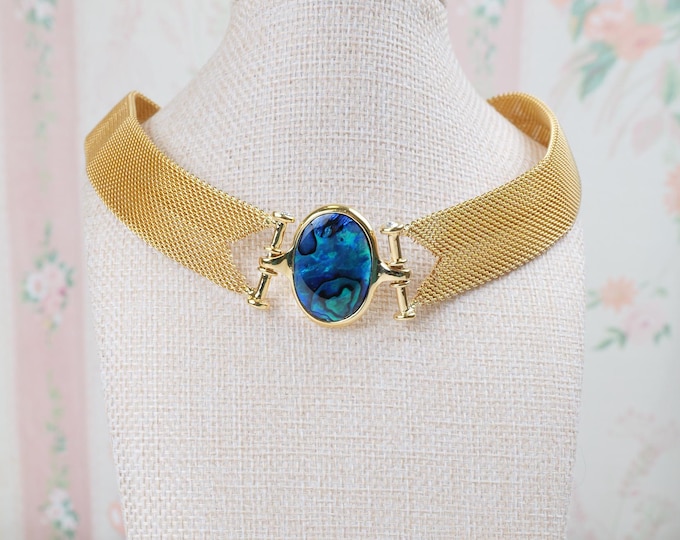 Vintage Signed Butler gold chain mail choker necklace with paua shell / Mermaid necklace / Glamorous gold 1980’s women’s vintage necklace