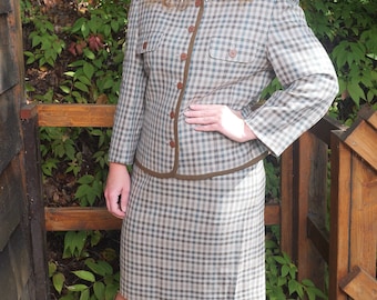 Women’s Alfred Sung Wool Skirt Suit / Vintage Wool Suit / Equestrian Blazer / Plaid Check Pencil Skirt / Fall Suit / Vintage Matching Set