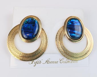 Vintage Gold Door Knocker Clip On Earrings: Paua Shell, Fifth Avenue