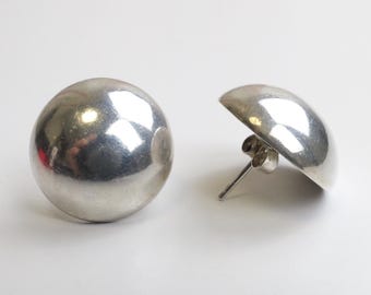 Vintage Sterling Silver Hard Wear Half Ball Stud Earrings / Women’s Vintage Large Sterling Silver 925 earrings / Simple Earrings / Estate