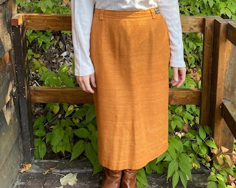 Women’s Pumpkin Spice Orange Silk Midi Skirt For Fall And Winter / Mr Leonard Vintage Skirt / Long Skirt / Size 10 Vintage Skirt / Office