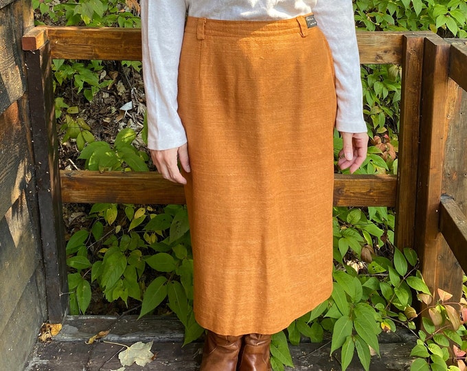 Women’s Pumpkin Spice Orange Silk Midi Skirt For Fall And Winter / Mr Leonard Vintage Skirt / Long Skirt / Size 10 Vintage Skirt / Office