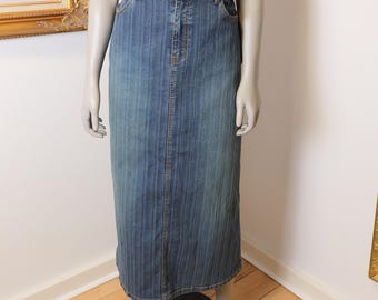 Y2K Jean Skirt  XL / Women’s vintage denim skirt by Americana Blues / Long Denim Skirt / Stretchy Jean Skirt / Modest skirt size 14 Large