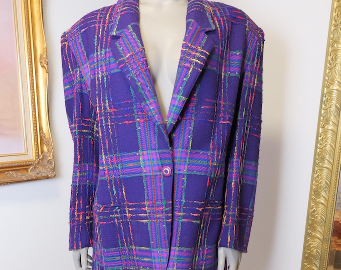 Vintage women’s purple plaid blazer with a clueless vibe size 14 / XL women’s boxy oversized fit casual blazer for Fall and Winter