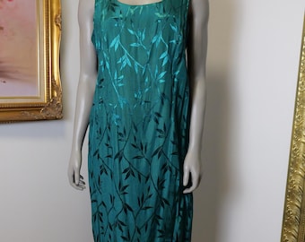 Vintage Silk Bamboo Dress, Green Party Gown (Size 14)