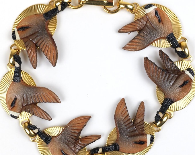 Vintage 70’s bracelet with leather Canadian Geese / Gift for Canadian cottage hostess
