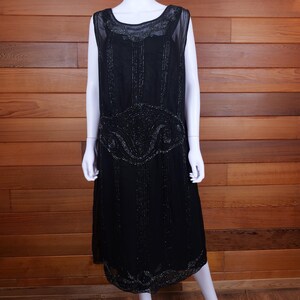Authentic 1930s Beaded Flapper Dress: Antique Black Chiffon Gown