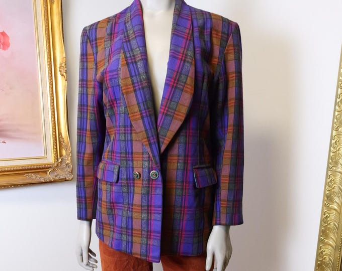 Vintage Plaid Wool Blazer: Purple Brown Checkered Fall Winter Style