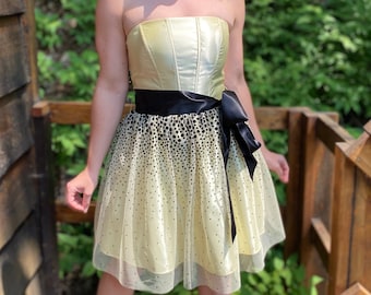 Jessica McClintock Butter Yellow Gunne Sax Vintage Party Dress / Corset Party Dress / Yellow Dress / Polka Dot / Y2K Prom / Cocktail Dress