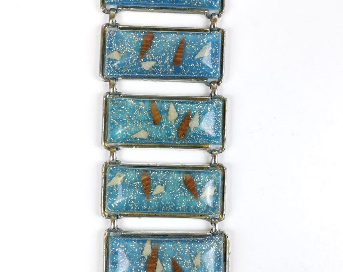 Vintage 1950s Lucite Seashell Bracelet, Blue Acrylic Confetti Link