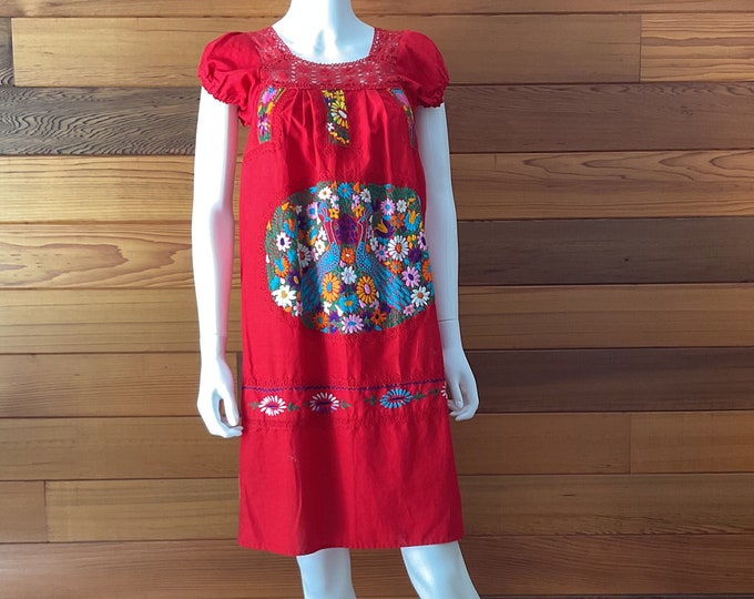 Vintage Mexican Embroidered Dress / Women’s Summer Cotton Dress / Red Dress / Casual dress / Light Summer Dress / Vintage Dress XS Small