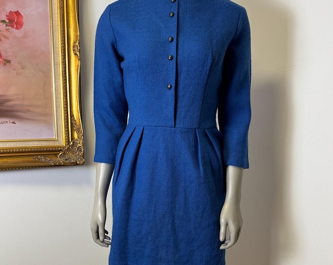 Vintage authentic 1950's blue mini dress with metal zipper and high nipped in waist