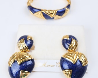 Vintage Butler Cuff Bracelet & Earrings Set: Blue Gold Enamel Jewelry
