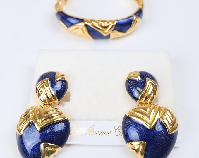 Vintage Butler signed cuff bracelet and matching earrings set / Blue and gold enamel vintage jewelry gift for her / Statement bracelet