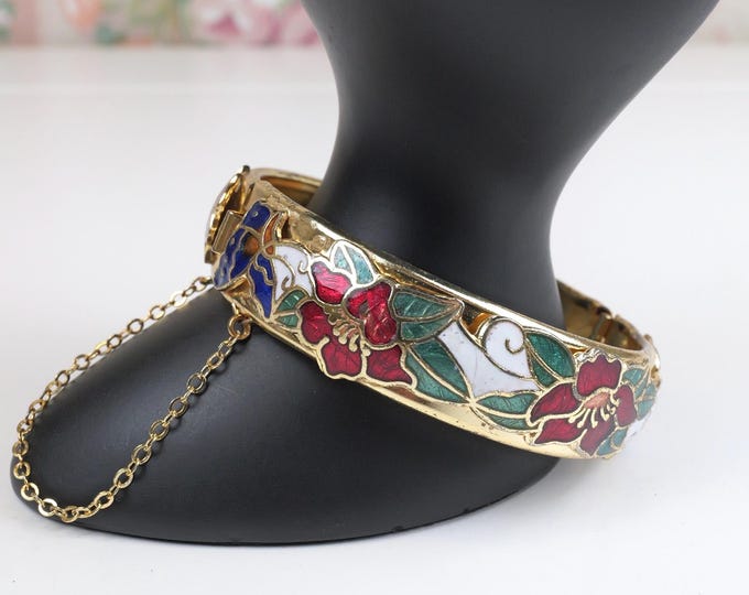 Vintage Flower and Butterfly Cloisonné Enamel Hinged Bangle Bracelet 1980’s 1990’s
