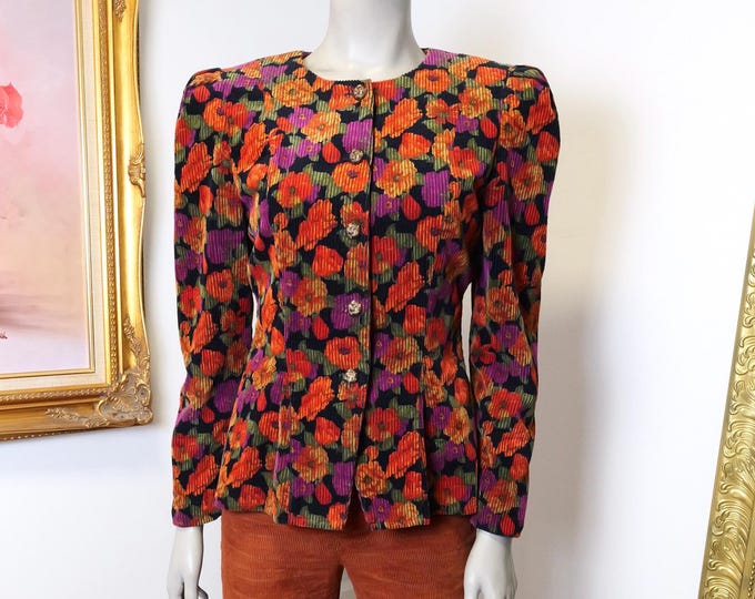 Vintage Corduroy Floral Blazer: Burnt Orange & Purple - Fitted Small