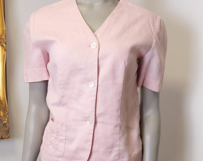 Vintage Liz Claiborne 100% Linen Short Sleeve Blazer In Soft Baby Pink / Cute Vintage Linen Top / Summer Vintage clothing