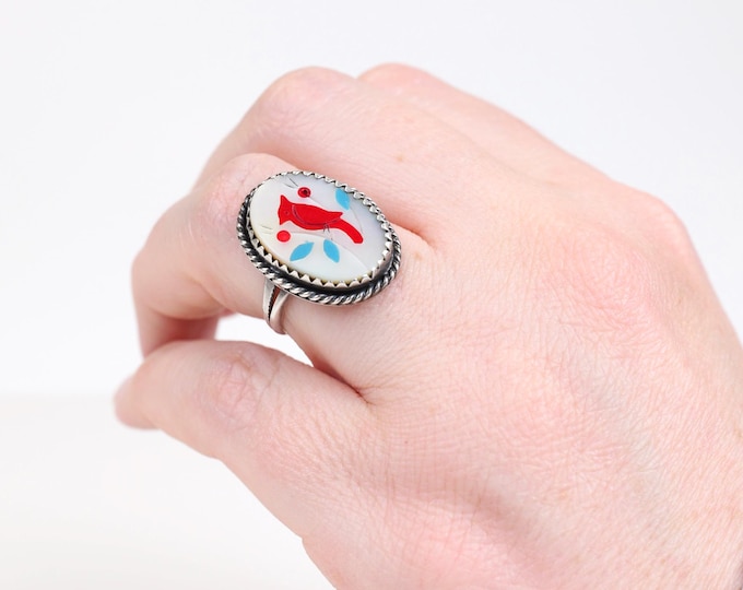 Signed Vintage Zuni and Hopi Sterling Silver And Mother Of Pearl Cardinal Ring