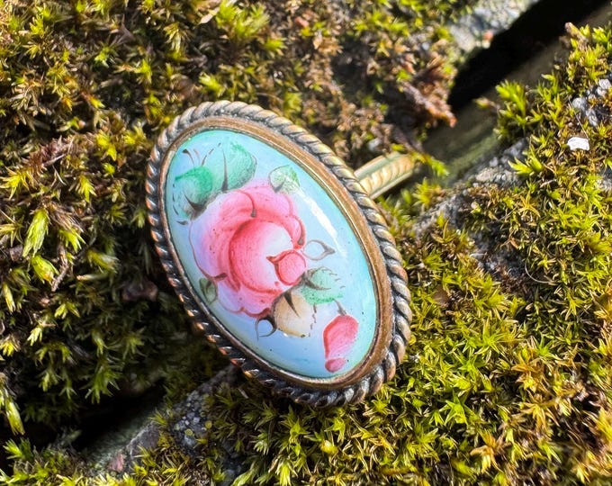 Vintage Hand Painted Rose Ring, Antique Bronze Setting (Size 7)