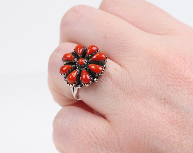 Signed Zuni sterling silver and red coral petit point ring