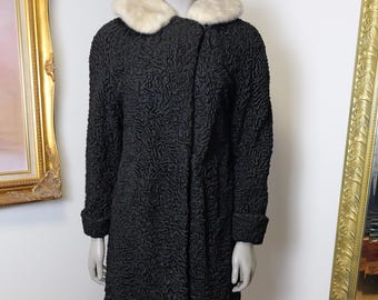 Vintage 1960s Persian Lamb Wool Coat, Fur Trim Collar (XS to Small)