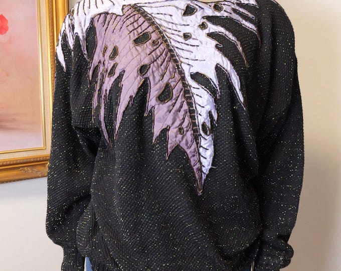 Vintage 1980’s Black and purple beaded sweater with leaf design size large / Amazing 80’s Fall and Winter Pullover Sweater / Quilted sweater