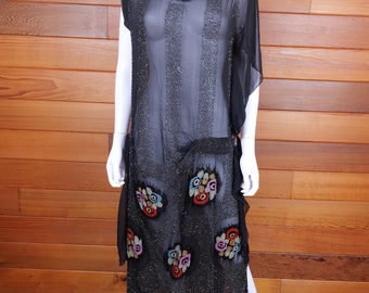 1930s Beaded Flapper Dress: Antique Black Chiffon Evening Gown