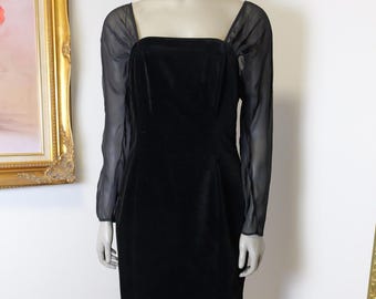 Vintage women’s Laura Ashley UK Black Velvet cocktail dress with sheer sleeves size 12