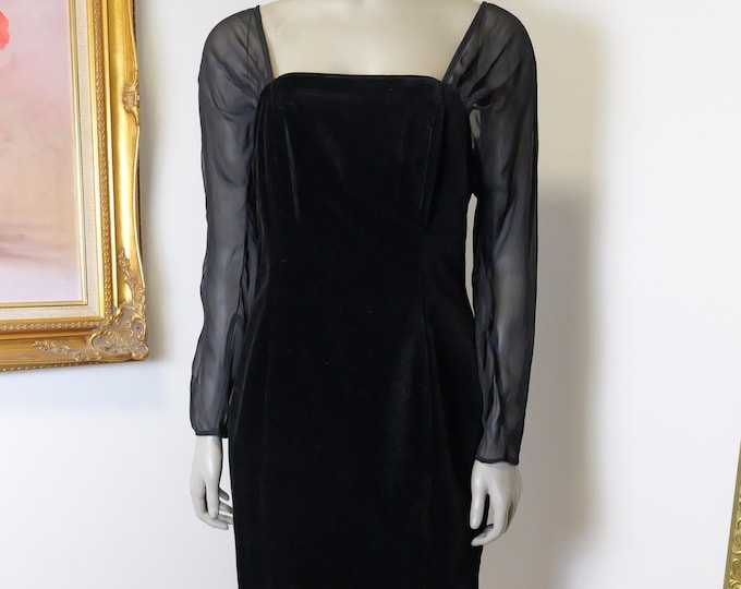 Vintage women’s Laura Ashley UK Black Velvet cocktail dress with sheer sleeves size 12