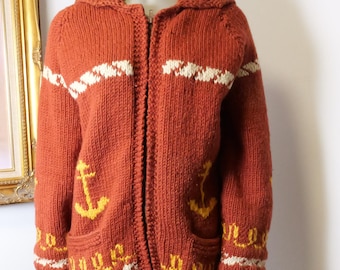 Vintage Mary Maxim heavy wool zip up sweater with nautical submarine pattern