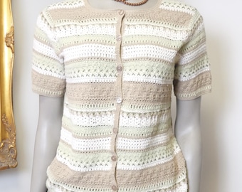 Vintage cream, green and brown striped  women’s button down hand knit short sleeve cardigan sweater / Cotton Sweater Tradition Country