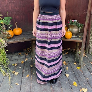 Vintage 1970s Bohemian Maxi Skirt: Embroidered Purple & Black, Medium
