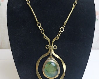 Vintage Rafael Canada Signed Modernist Pendant Necklace With Hammered Bronze And Murano Glass Stone / Unique Art You Can Wear