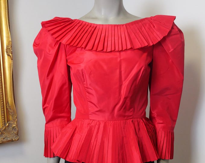 Vintage Designer Winston Toronto 1980’s Party Top / France Red Blouse / Puff Sleeve Blouse With Plunging Back / Wedding Guest Top