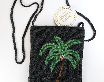 Beaded evening bag fully beaded with a palm tree and pink coconuts / Vintage dressy purse with strap