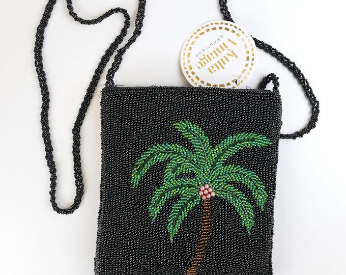 Beaded evening bag fully beaded with a palm tree and pink coconuts / Vintage dressy purse with strap