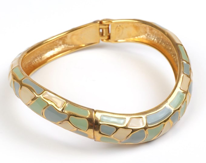 Vintage Joan Rivers Gold and Pastel enamel wavy hinge bangle bracelet