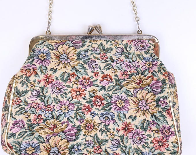 Vintage 1950’s Floral Tapestry bag made in Japan by Goldco / Ladies top handle vintage small purse / Cute small vintage purse with gold trim