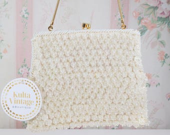 Vintage women’s cream white and gold fully beaded evening bag / Small vintage dressy purse for event or wedding