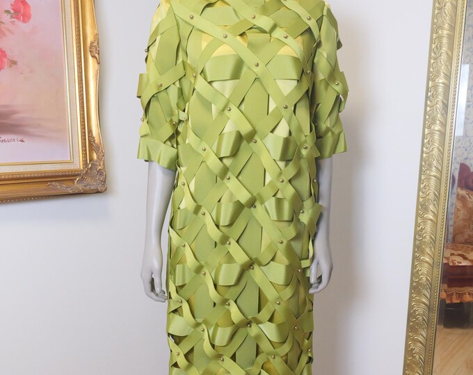 Couture cocktail dress in green ribbon and gold beads / Custom made garden party dress / Gala dress / Wedding guest