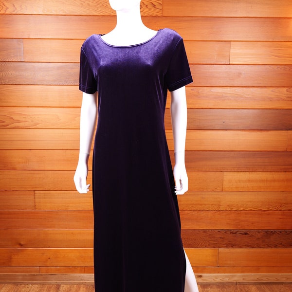 90’s Purple Velvet Body Con Long Maxi Dress / Royal Purple Short Sleeve Vintage Women’s Dress / Long Casual Dress