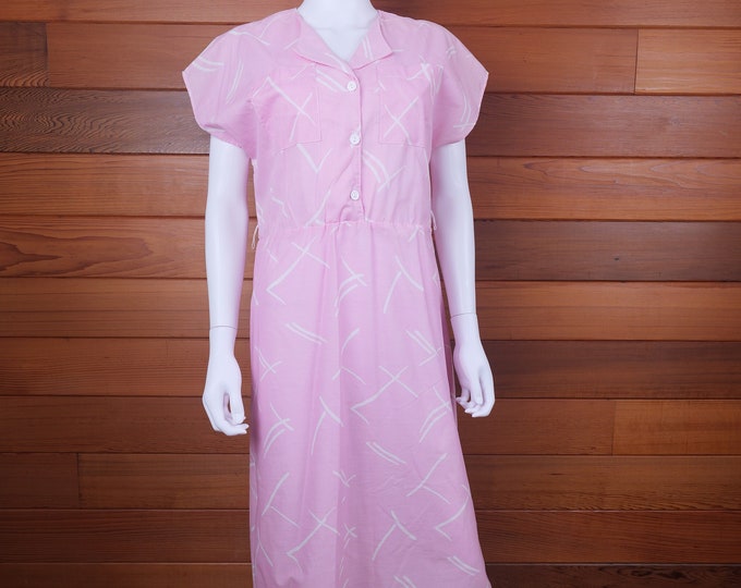 Women’s 1980’s Vintage Pink Dress With White Geometric Print / Light Cotton casual Dress / 80’s Clothing / Vintage Clothing / Sears Dress