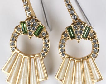 Vintage Lia Sophia Art Deco Style Earrings / Pretty statement earrings for formal event or wedding / Green and gold dangle drop earrings