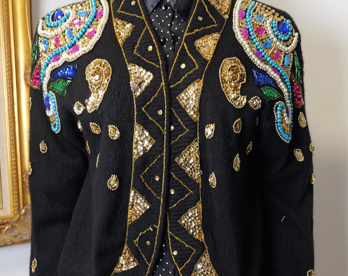 Vintage women’s 1980’s black cardigan sweater with pearls beads and sequins