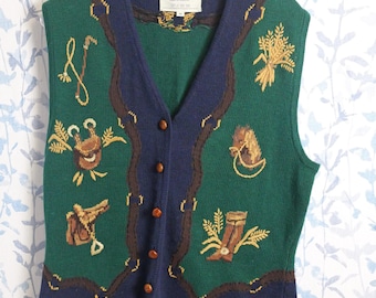 Vintage Susan Bristol Horse Theme Sweater Vest / Equestrian Vest / Women’s Vintage Vest / Cozy Oversized Vest with leather buttons