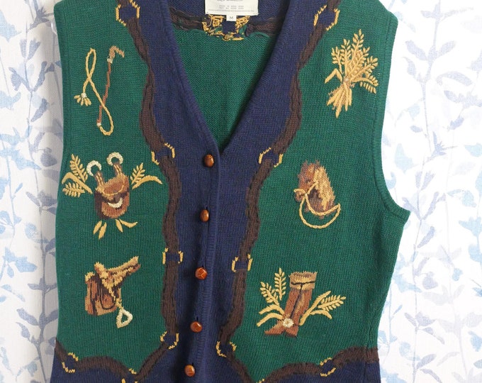 Vintage Susan Bristol Horse Theme Sweater Vest / Equestrian Vest / Women’s Vintage Vest / Cozy Oversized Vest with leather buttons