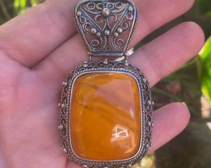 Vintage Honey Amber Pendant, Solid Silver, Large Ornate Hinged Bail
