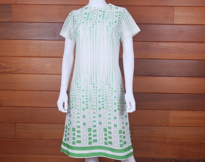 Vintage 1960’s Linda Matthew’s Miami Florida Dress / Cap Sleeve Shift Dress / Vintage Shift Dress / Geometric Print Green And White Dress