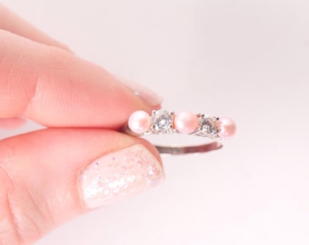 Vintage Sterling Silver Ring: Pink Pearls & CZ Stones, Size 8