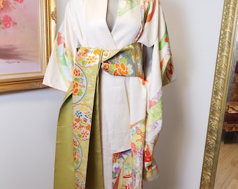 Vintage Silk Kimono Robe with Embroidered Obi Belt - One Size